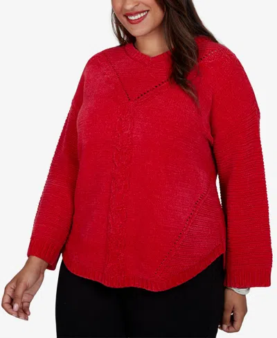 Ruby Rd. Plus Size Luster Cable-knit Long-sleeve Crewneck Pullover In Red