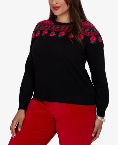 Ruby Rd. Plus Size Rose Fair-isle Long-sleeve Pullover In Black