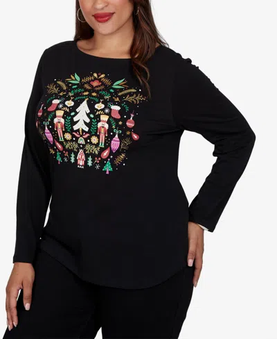 Ruby Rd. Plus Size Nutcracker Holiday Boat Neck T-shirt In Black