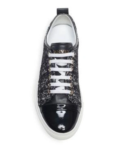 Shop Lanvin Velvet And Patent Leather Low Top Trainers In Black-white