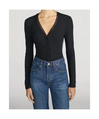 Frame Button-front Long-sleeve Knit Top In Black