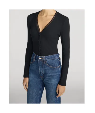 Frame Button-front Long-sleeve Knit Top In Black