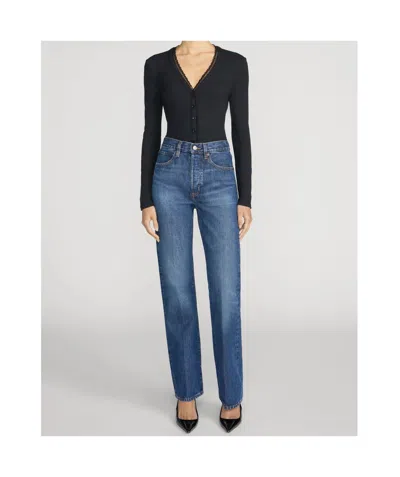 Frame Button-front Long-sleeve Knit Top In Black