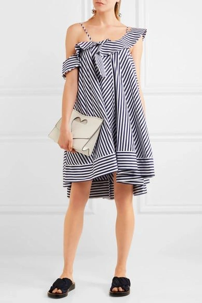 Shop Msgm One-shoulder Ruffled Striped Cotton Mini Dress