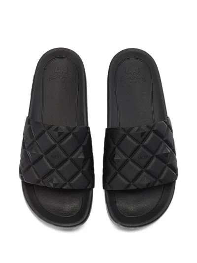 Mcm Quilted Diamond Logo-embossed Slides In Black