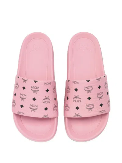 Mcm Monogram-print Slides In Pink