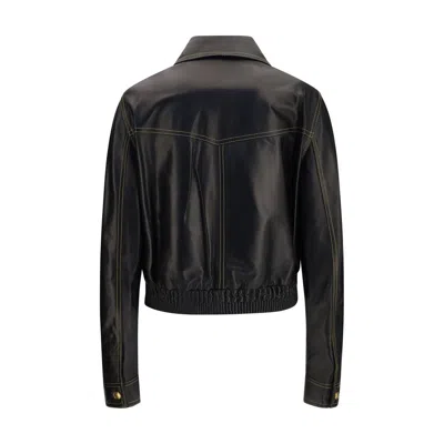 Versace Leather Collared Coat Front Pockets Stitching In Black
