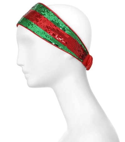 Shop Gucci Striped Sequinned Silk Headband In Red