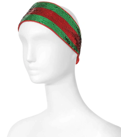 Shop Gucci Striped Sequinned Silk Headband In Red