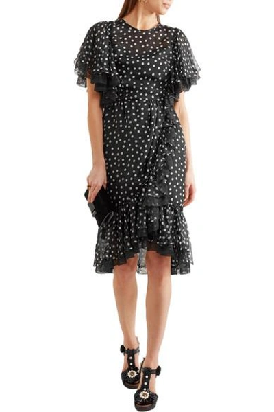 Shop Dolce & Gabbana Lace-trimmed Polka-dot Silk-blend Chiffon Dress