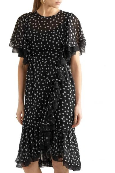 Shop Dolce & Gabbana Lace-trimmed Polka-dot Silk-blend Chiffon Dress