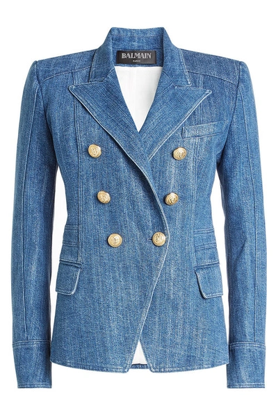 Balmain Denim Blazer With Embossed Buttons In Blue