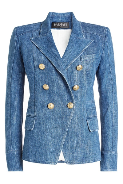 Balmain Denim Blazer With Embossed Buttons In Blue | ModeSens