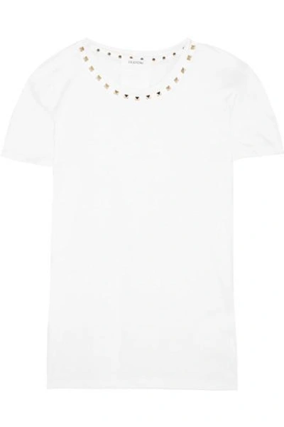 Shop Valentino The Rockstud Embellished Cotton-jersey T-shirt In White