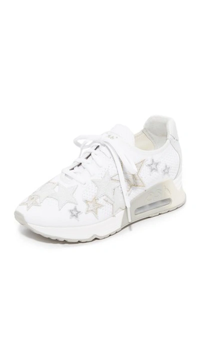 Ash 'lucky Star' Appliqué Eyelet Knit Sneakers In White/off White
