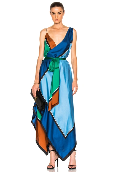 Shop Diane Von Furstenberg Scarf Hem Tiered Midi Dress In Abstract, Blue, Brown, Green.  In Arago