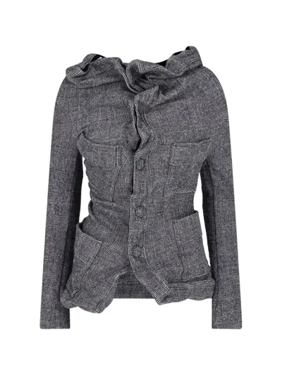 Junya Watanabe Tailored Plaid Jacket With Draped Neckline In Gray