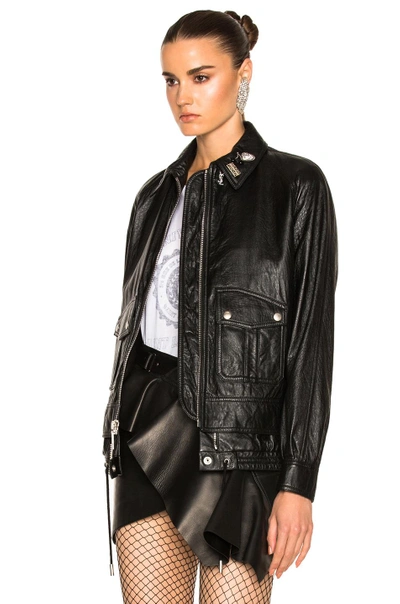 Shop Saint Laurent Leather Bomber Jacket In Black