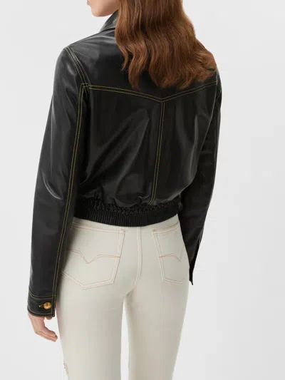 Versace Leather Collared Coat Front Pockets Stitching In Black