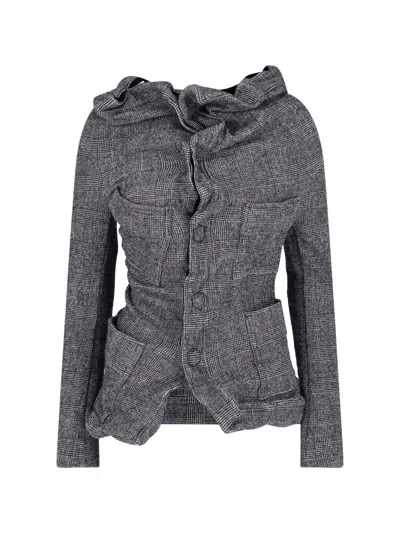 Junya Watanabe Tailored Plaid Jacket With Draped Neckline In Gray