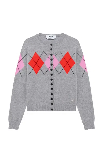 Msgm Argyle-pattern Button-up Cardigan In Gray