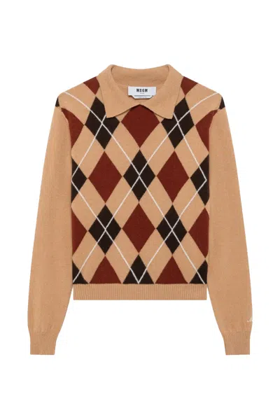 Msgm Argyle-pattern Polo-collar Sweater In Brown