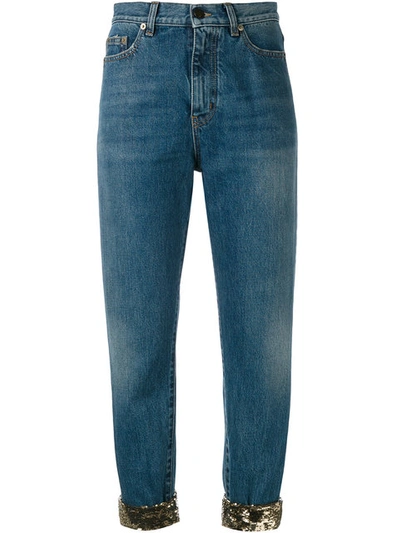 Saint Laurent Sequin Turn-up Jeans In Blue