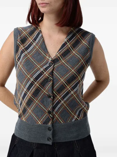 Tela Check-pattern Button-up Vest In Gray