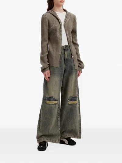 Mini Cream Distressed Patchwork Wide-leg Jeans In Gray
