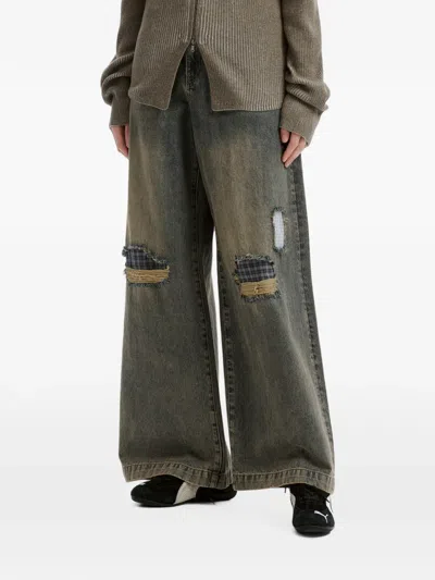 Mini Cream Distressed Patchwork Wide-leg Jeans In Gray