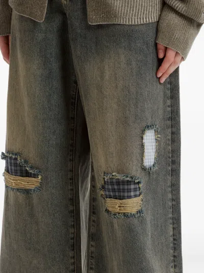 Mini Cream Distressed Patchwork Wide-leg Jeans In Gray