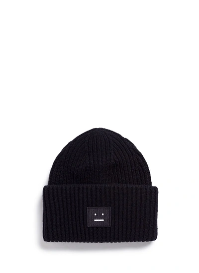 Acne Studios 'pansy' Emoticon Patch Wool Beanie In Wool Black