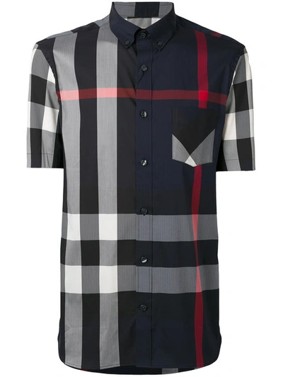 Burberry Short-sleeve Check Stretch Cotton Blend Shirt In Navy