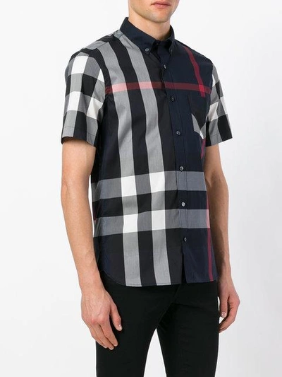 Shop Burberry Short-sleeve Check Stretch Cotton Blend Shirt In Blue