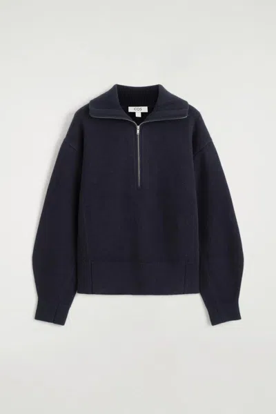 Cos Merino Wool Funnel-neck Zip-up Jumper In Navy | ModeSens