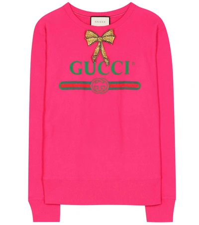 Shop Gucci Embellished Cotton-jersey Sweatshirt In Fuchsia Priet