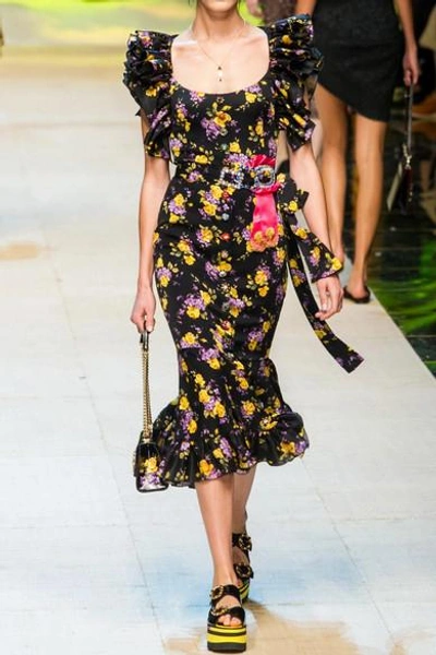 Shop Dolce & Gabbana Embellished Ruffled Printed Silk-blend Charmeuse Midi Dress