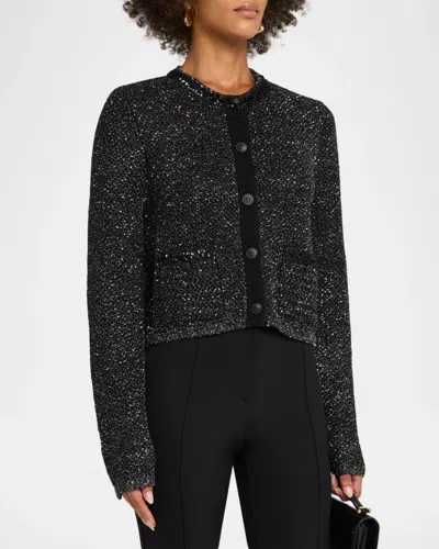 Milly Reece Metallic Button-front Cardigan In Black