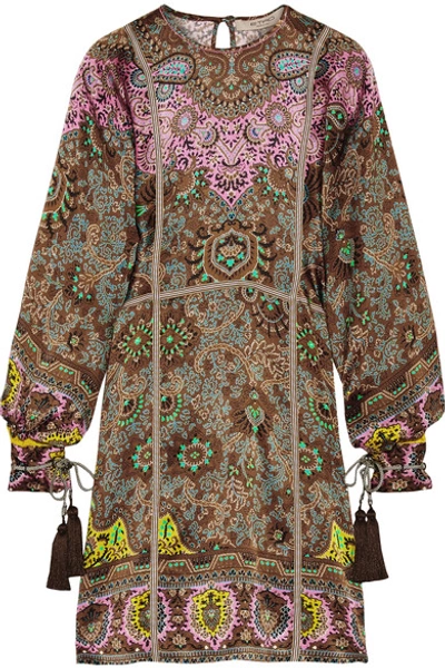 Etro Woman Grosgrain-trimmed Printed Silk-twill Dress Brown In Mocca-multi