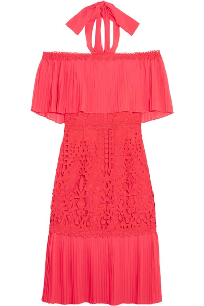 Temperley London Berry Off-the-shoulder Chiffon And Guipure Lace Dress In Coral