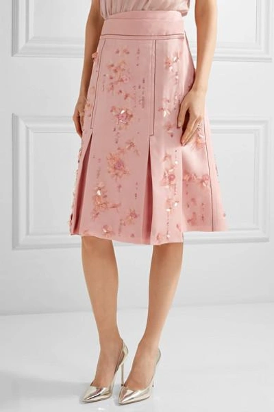 Shop Prada Embellished Pleated Silk-crepe Wrap Skirt In Pink
