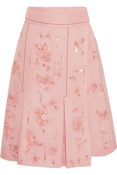 Shop Prada Embellished Pleated Silk-crepe Wrap Skirt In Pink