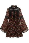 ANNA SUI Lace-paneled printed silk-georgette mini dress