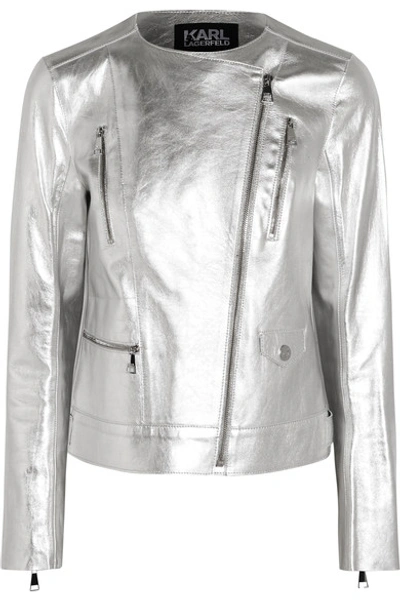 Karl Lagerfeld Metallic Textured-leather Biker Jacket In Silver