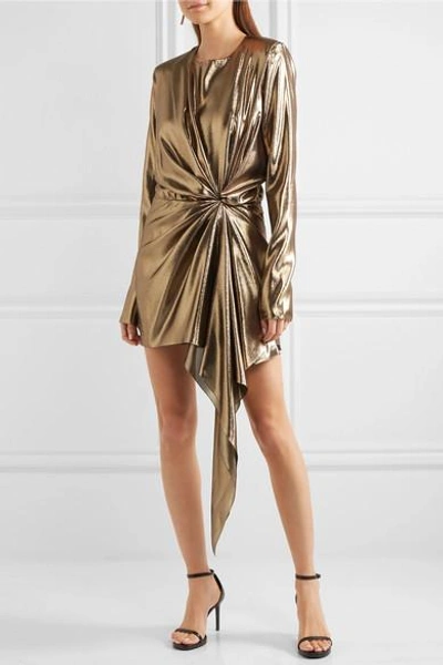 Shop Saint Laurent Asymmetric Draped Silk-blend Lamé Mini Dress