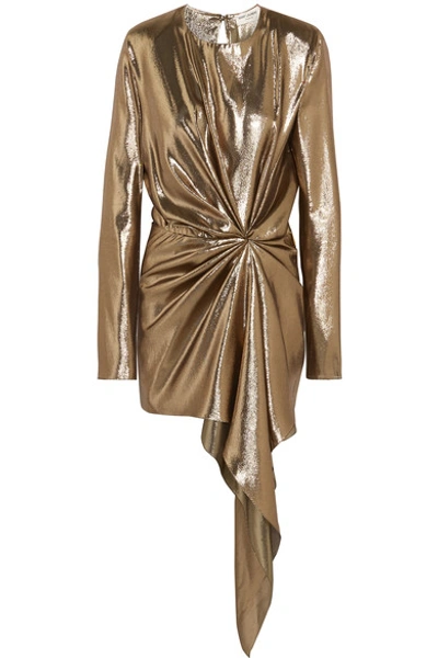 Shop Saint Laurent Asymmetric Draped Silk-blend Lamé Mini Dress