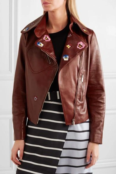 Shop Christopher Kane Cropped Embroidered Leather Biker Jacket