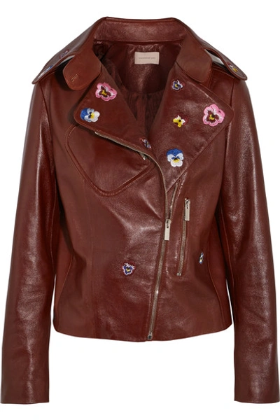 Shop Christopher Kane Cropped Embroidered Leather Biker Jacket