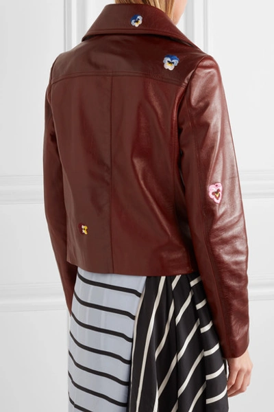 Shop Christopher Kane Cropped Embroidered Leather Biker Jacket