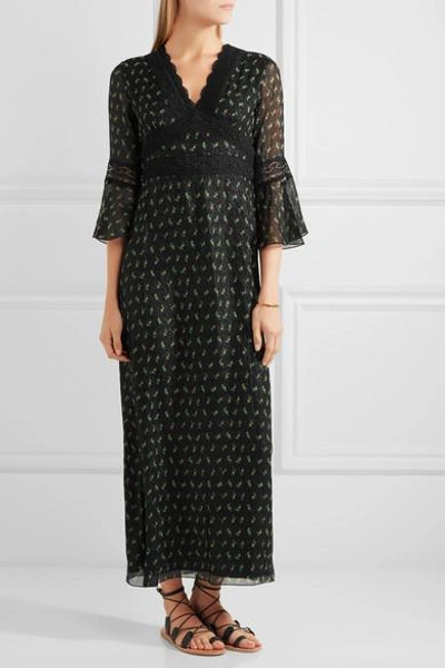 Shop Anna Sui Lace-trimmed Printed Silk-blend Crepon Maxi Dress